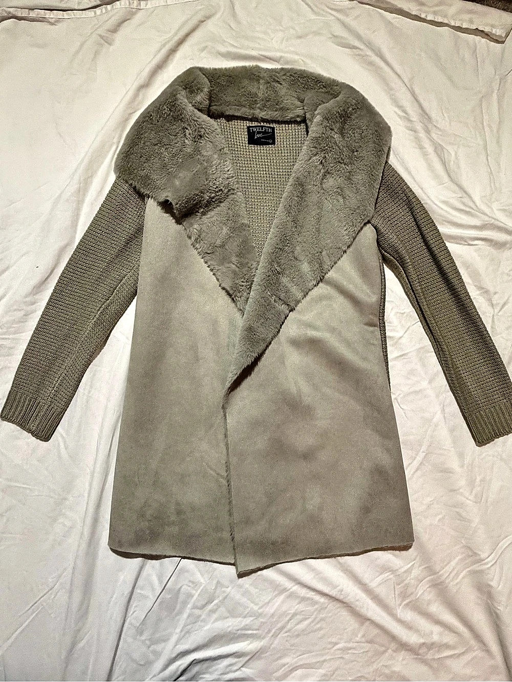 Twelfth Love Faux Suede & Faux Fur Open Front Cardigan Jacket Gray Large